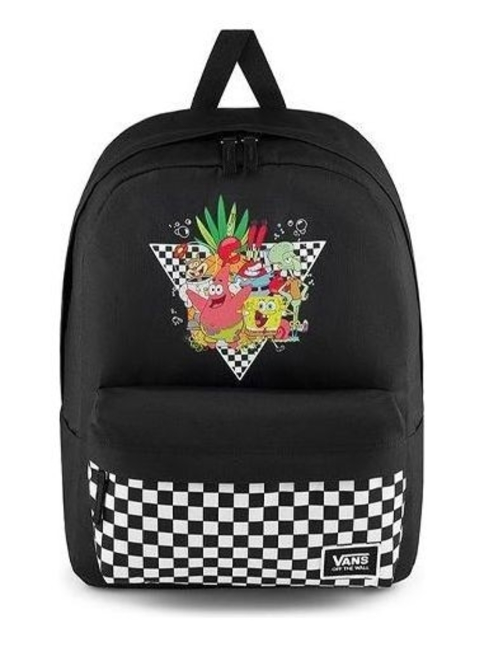Vans Black Checkerboard Kids Backpack with Colorful SpongeBob Graphic